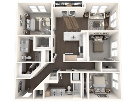 A 3D rendered image of a house layout.